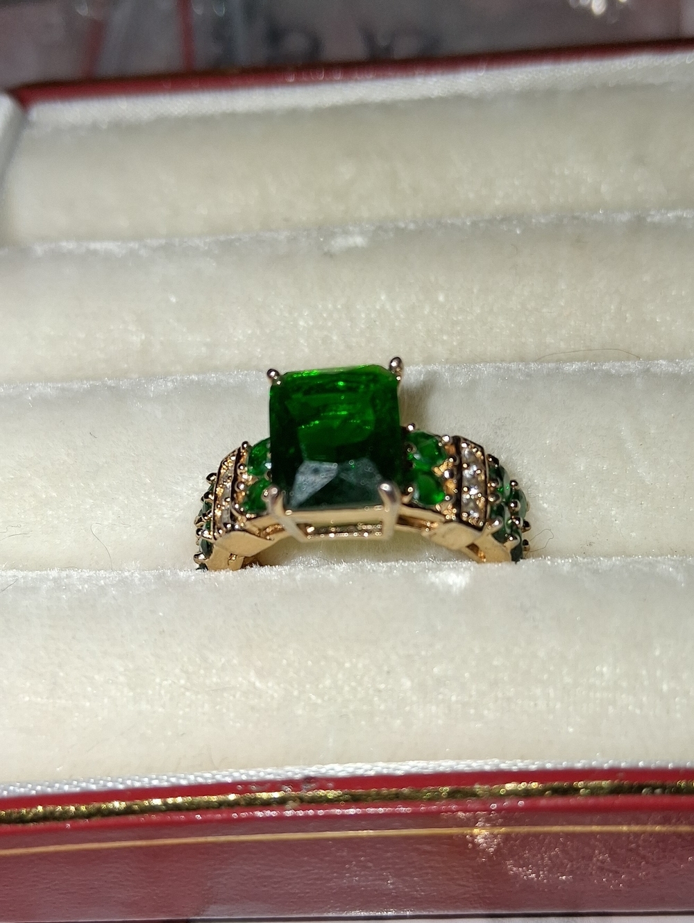 Green Emerald-Cut Gold Ring with Green Accent Stones